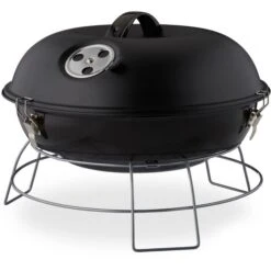 Relaxdays Holzkohlegrill Tragbarer Kugelgrill, Stahl, Mit Deckel, Schwarz, Grillfläche Ø 33cm