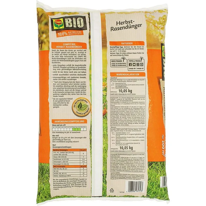 Compo Dünger Bio Herbst-Rasendünger, Langzeitwirkung Bis 90 Tage, 10,05 Kg Für Ca.200m² 4 Compo Dünger Bio Herbst-Rasendünger, Langzeitwirkung Bis 90 Tage, 10,05 Kg Für Ca.200m² – Bild 2